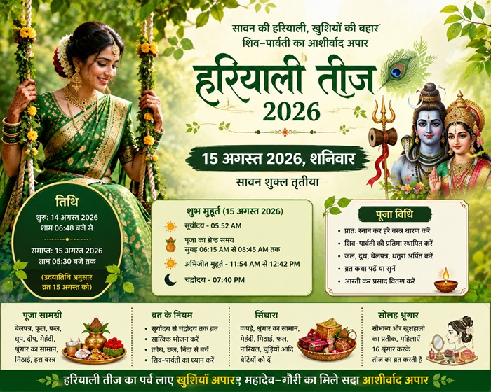 Hariyali Teej 2026 Date Pooja Samagri Shubh Muhurat Time हरियाली तीज 2026 तिथि , पूजा सामग्री, समय, मुहूर्त, महत्व